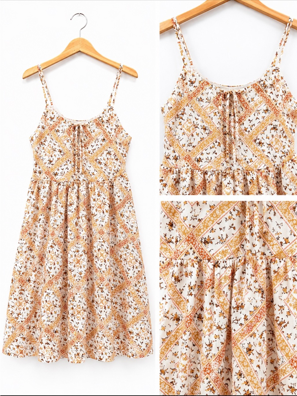 Altar'd State Cream Maxi Dress with Tan & Rust Floral Patchwork